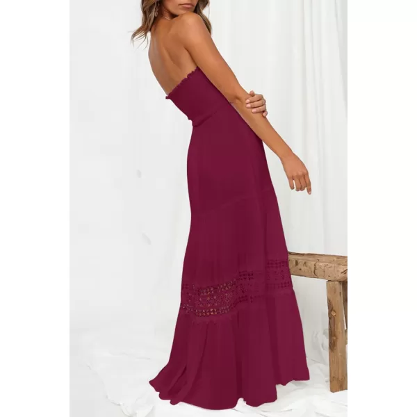 ZESICA Womens 2024 Summer Bohemian Strapless Off Shoulder Lace Trim Backless Flowy A Line Beach Long Maxi DressFuchsia