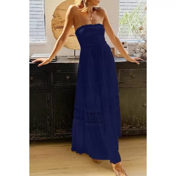 ZESICA Womens 2024 Summer Bohemian Strapless Off Shoulder Lace Trim Backless Flowy A Line Beach Long Maxi DressNavy