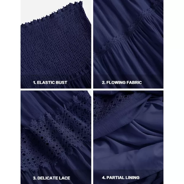ZESICA Womens 2024 Summer Bohemian Strapless Off Shoulder Lace Trim Backless Flowy A Line Beach Long Maxi DressNavy