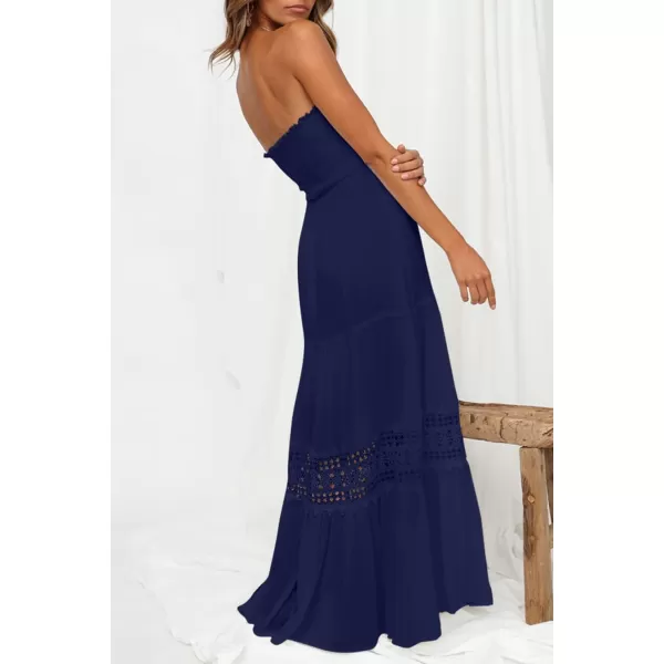 ZESICA Womens 2024 Summer Bohemian Strapless Off Shoulder Lace Trim Backless Flowy A Line Beach Long Maxi DressNavy