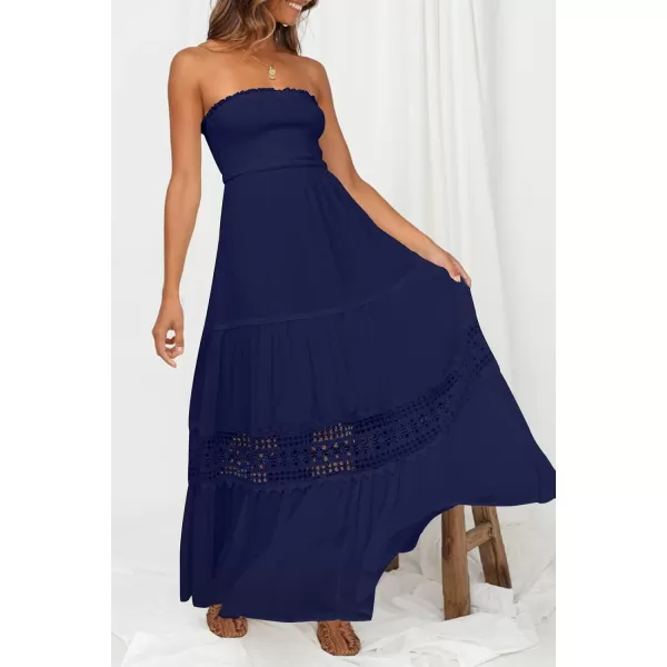 ZESICA Womens 2024 Summer Bohemian Strapless Off Shoulder Lace Trim Backless Flowy A Line Beach Long Maxi DressNavy