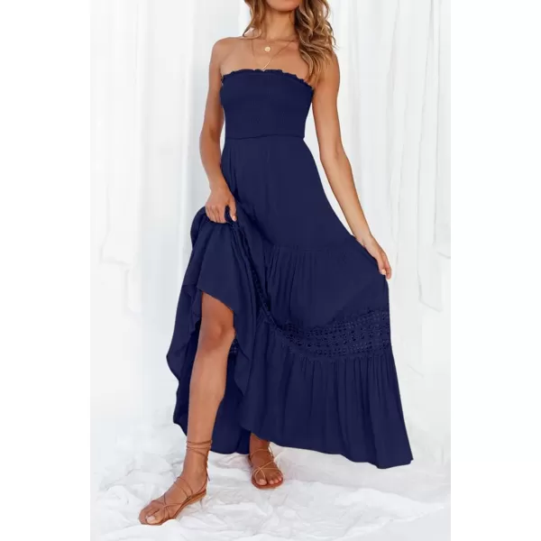 ZESICA Womens 2024 Summer Bohemian Strapless Off Shoulder Lace Trim Backless Flowy A Line Beach Long Maxi DressNavy