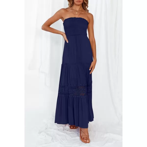 ZESICA Womens 2024 Summer Bohemian Strapless Off Shoulder Lace Trim Backless Flowy A Line Beach Long Maxi DressNavy