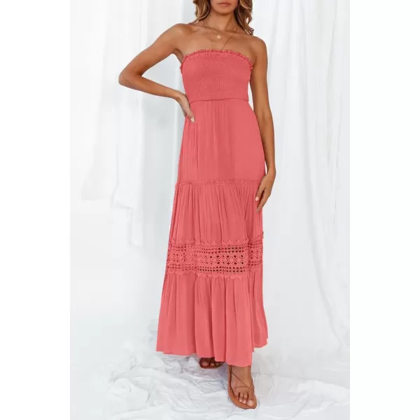ZESICA Womens 2024 Summer Bohemian Strapless Off Shoulder Lace Trim Backless Flowy A Line Beach Long Maxi DressPeach