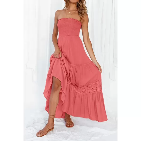 ZESICA Womens 2024 Summer Bohemian Strapless Off Shoulder Lace Trim Backless Flowy A Line Beach Long Maxi DressPeach