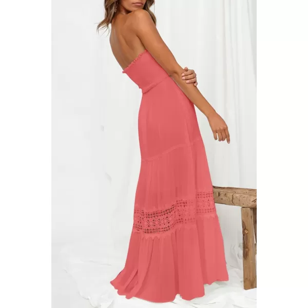 ZESICA Womens 2024 Summer Bohemian Strapless Off Shoulder Lace Trim Backless Flowy A Line Beach Long Maxi DressPeach