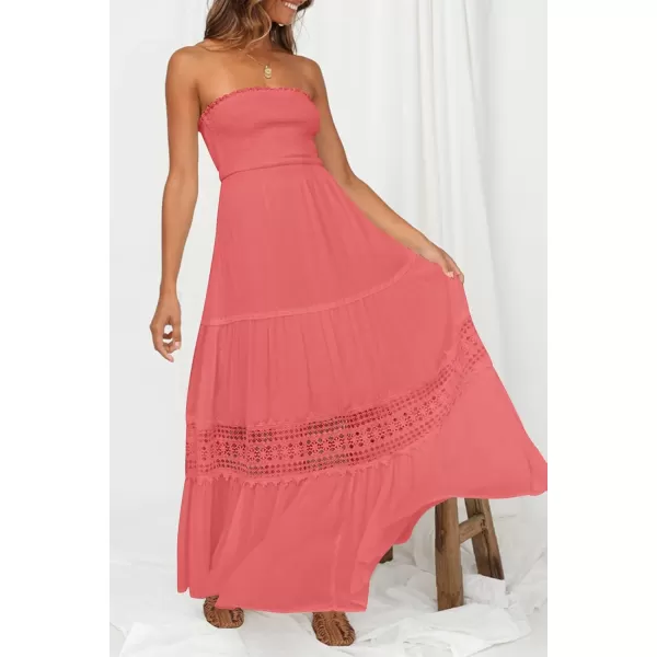 ZESICA Womens 2024 Summer Bohemian Strapless Off Shoulder Lace Trim Backless Flowy A Line Beach Long Maxi DressPeach