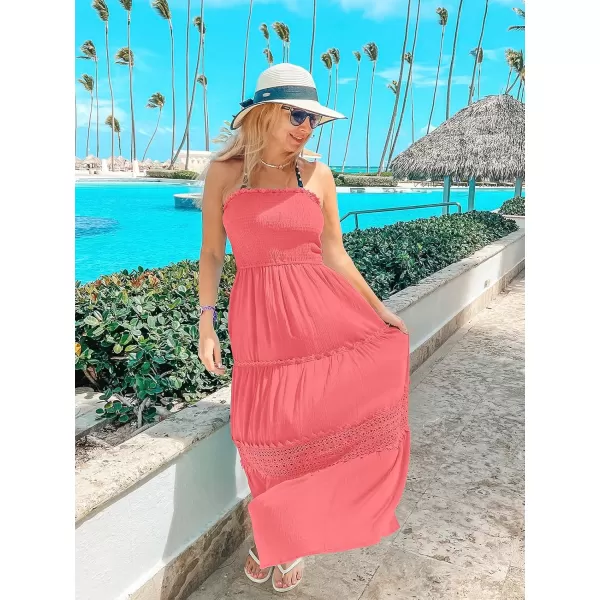 ZESICA Womens 2024 Summer Bohemian Strapless Off Shoulder Lace Trim Backless Flowy A Line Beach Long Maxi DressPeach
