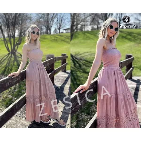 ZESICA Womens 2024 Summer Bohemian Strapless Off Shoulder Lace Trim Backless Flowy A Line Beach Long Maxi DressPink