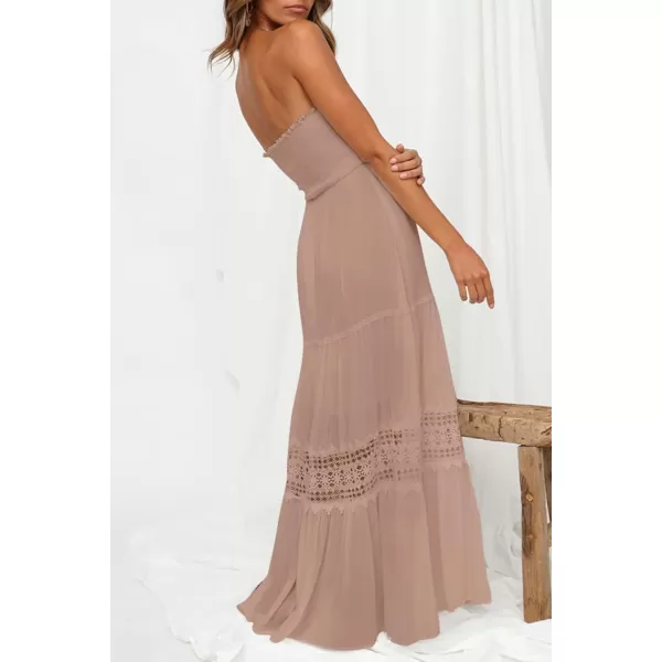 ZESICA Womens 2024 Summer Bohemian Strapless Off Shoulder Lace Trim Backless Flowy A Line Beach Long Maxi DressPink
