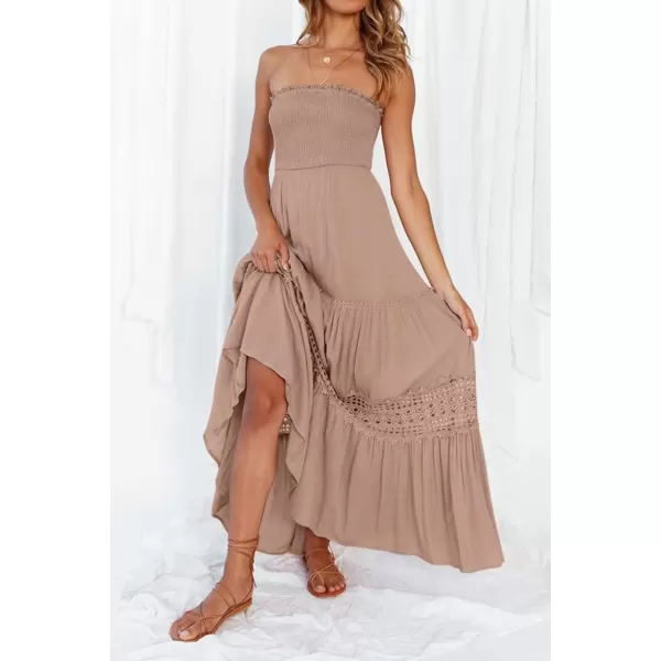 ZESICA Womens 2024 Summer Bohemian Strapless Off Shoulder Lace Trim Backless Flowy A Line Beach Long Maxi DressPink