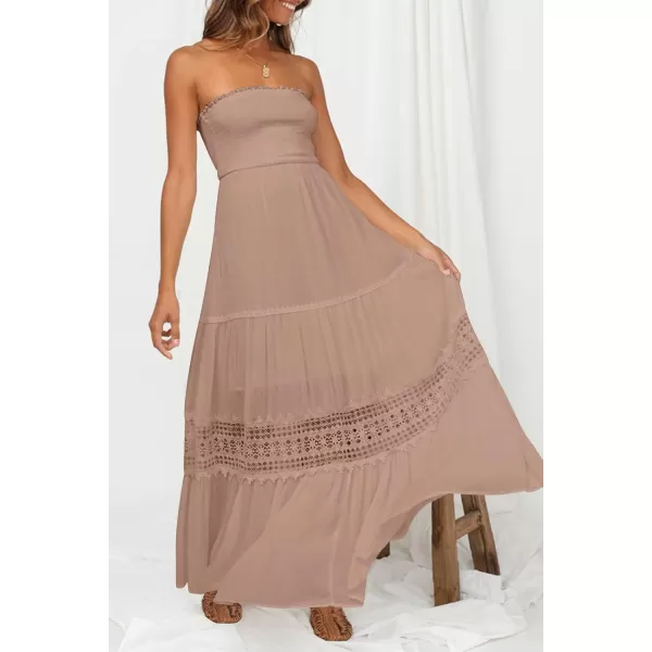 ZESICA Womens 2024 Summer Bohemian Strapless Off Shoulder Lace Trim Backless Flowy A Line Beach Long Maxi DressPink
