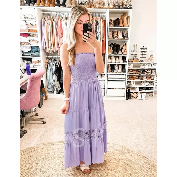 ZESICA Womens 2024 Summer Bohemian Strapless Off Shoulder Lace Trim Backless Flowy A Line Beach Long Maxi DressPurple