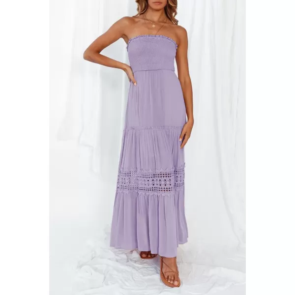 ZESICA Womens 2024 Summer Bohemian Strapless Off Shoulder Lace Trim Backless Flowy A Line Beach Long Maxi DressPurple