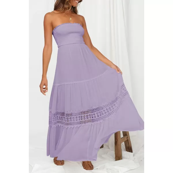 ZESICA Womens 2024 Summer Bohemian Strapless Off Shoulder Lace Trim Backless Flowy A Line Beach Long Maxi DressPurple
