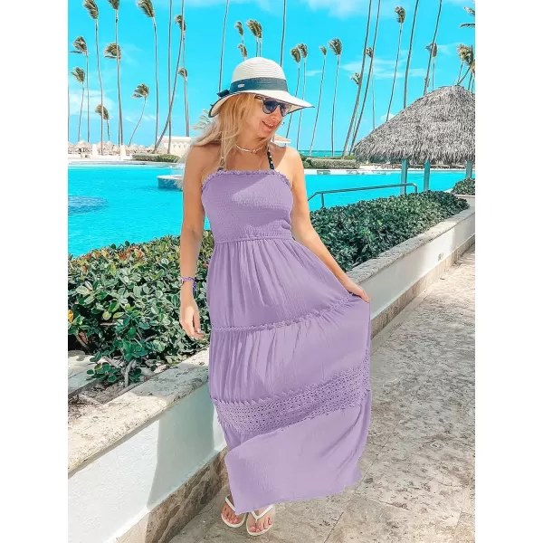 ZESICA Womens 2024 Summer Bohemian Strapless Off Shoulder Lace Trim Backless Flowy A Line Beach Long Maxi DressPurple