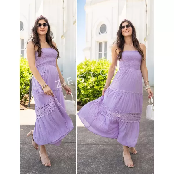 ZESICA Womens 2024 Summer Bohemian Strapless Off Shoulder Lace Trim Backless Flowy A Line Beach Long Maxi DressPurple