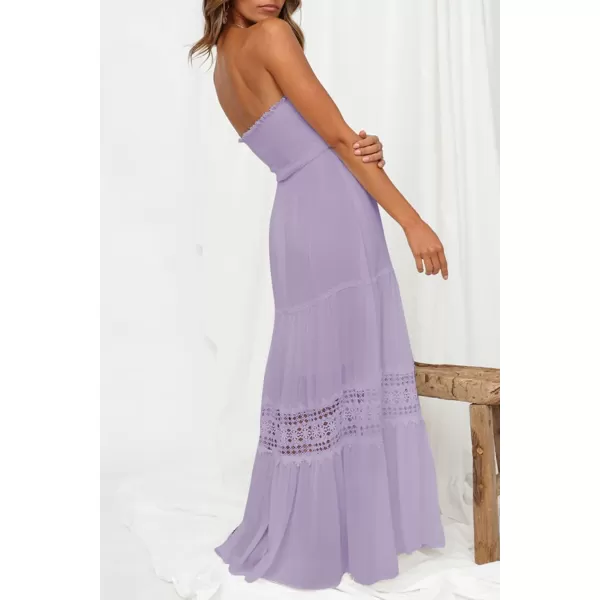 ZESICA Womens 2024 Summer Bohemian Strapless Off Shoulder Lace Trim Backless Flowy A Line Beach Long Maxi DressPurple
