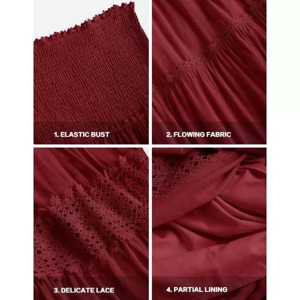 ZESICA Womens 2024 Summer Bohemian Strapless Off Shoulder Lace Trim Backless Flowy A Line Beach Long Maxi DressRed