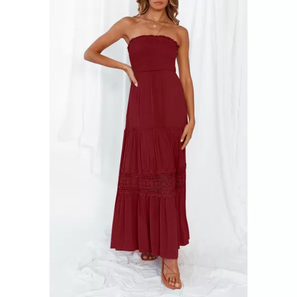ZESICA Womens 2024 Summer Bohemian Strapless Off Shoulder Lace Trim Backless Flowy A Line Beach Long Maxi DressRed