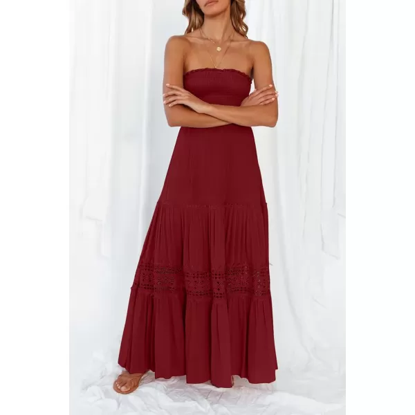 ZESICA Womens 2024 Summer Bohemian Strapless Off Shoulder Lace Trim Backless Flowy A Line Beach Long Maxi DressRed
