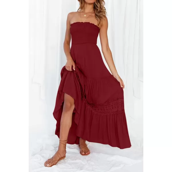 ZESICA Womens 2024 Summer Bohemian Strapless Off Shoulder Lace Trim Backless Flowy A Line Beach Long Maxi DressRed