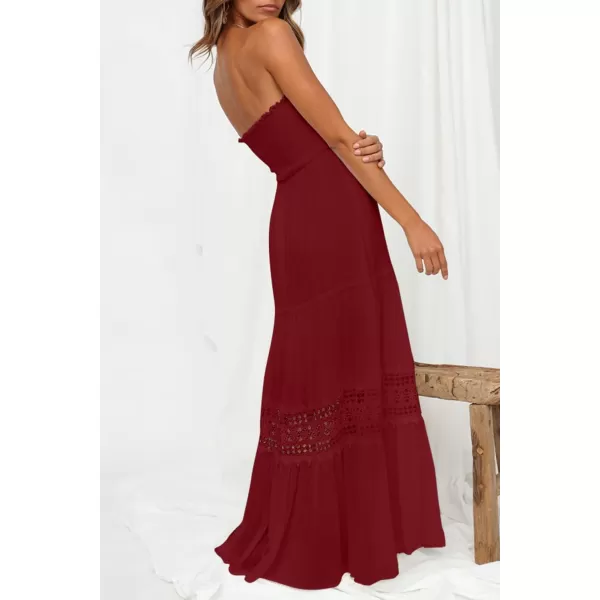 ZESICA Womens 2024 Summer Bohemian Strapless Off Shoulder Lace Trim Backless Flowy A Line Beach Long Maxi DressRed
