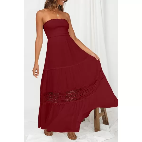 ZESICA Womens 2024 Summer Bohemian Strapless Off Shoulder Lace Trim Backless Flowy A Line Beach Long Maxi DressRed