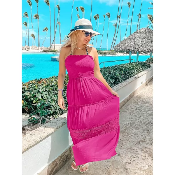 ZESICA Womens 2024 Summer Bohemian Strapless Off Shoulder Lace Trim Backless Flowy A Line Beach Long Maxi DressRose