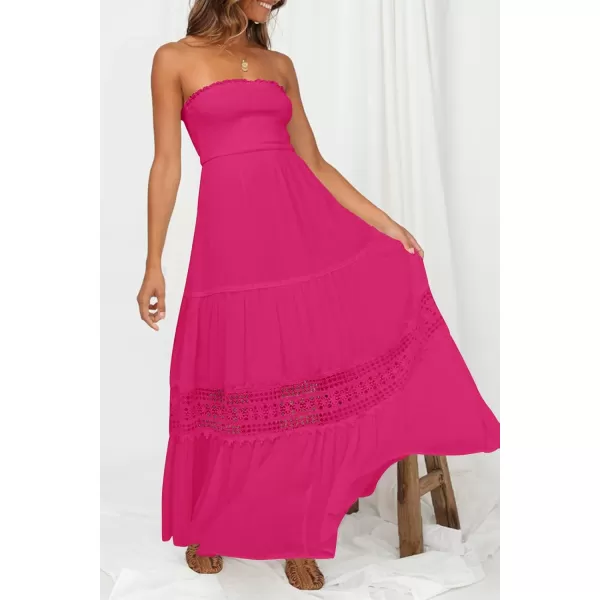 ZESICA Womens 2024 Summer Bohemian Strapless Off Shoulder Lace Trim Backless Flowy A Line Beach Long Maxi DressRose