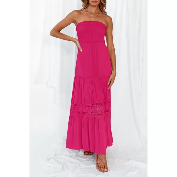 ZESICA Womens 2024 Summer Bohemian Strapless Off Shoulder Lace Trim Backless Flowy A Line Beach Long Maxi DressRose