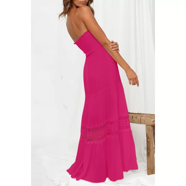 ZESICA Womens 2024 Summer Bohemian Strapless Off Shoulder Lace Trim Backless Flowy A Line Beach Long Maxi DressRose