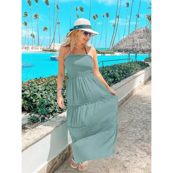 ZESICA Womens 2024 Summer Bohemian Strapless Off Shoulder Lace Trim Backless Flowy A Line Beach Long Maxi DressSage