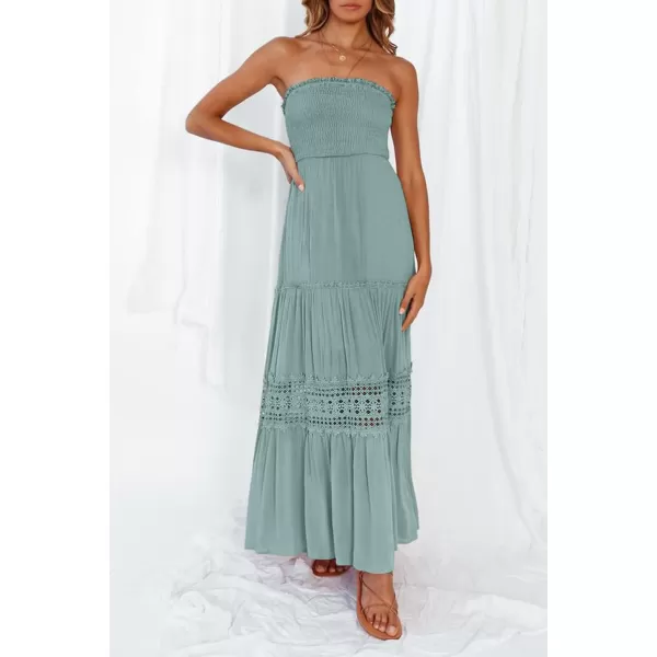 ZESICA Womens 2024 Summer Bohemian Strapless Off Shoulder Lace Trim Backless Flowy A Line Beach Long Maxi DressSage