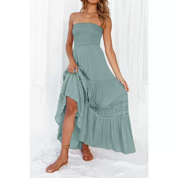 ZESICA Womens 2024 Summer Bohemian Strapless Off Shoulder Lace Trim Backless Flowy A Line Beach Long Maxi DressSage