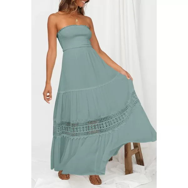 ZESICA Womens 2024 Summer Bohemian Strapless Off Shoulder Lace Trim Backless Flowy A Line Beach Long Maxi DressSage