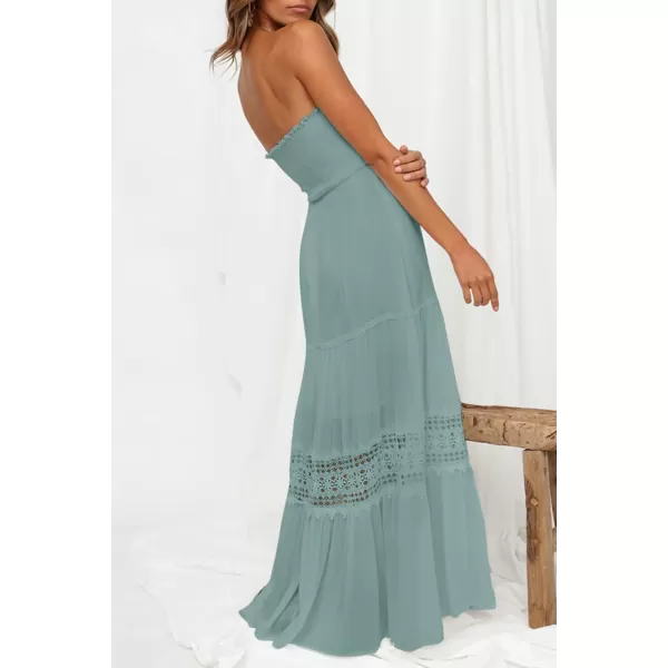 ZESICA Womens 2024 Summer Bohemian Strapless Off Shoulder Lace Trim Backless Flowy A Line Beach Long Maxi DressSage
