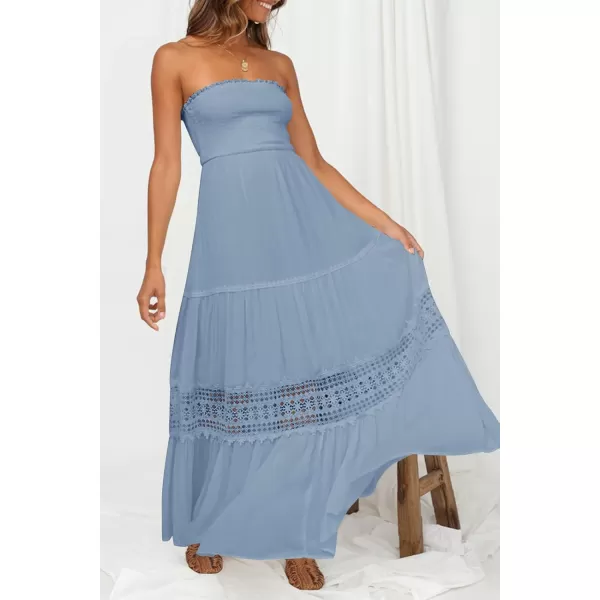 ZESICA Womens 2024 Summer Bohemian Strapless Off Shoulder Lace Trim Backless Flowy A Line Beach Long Maxi DressSkyblue