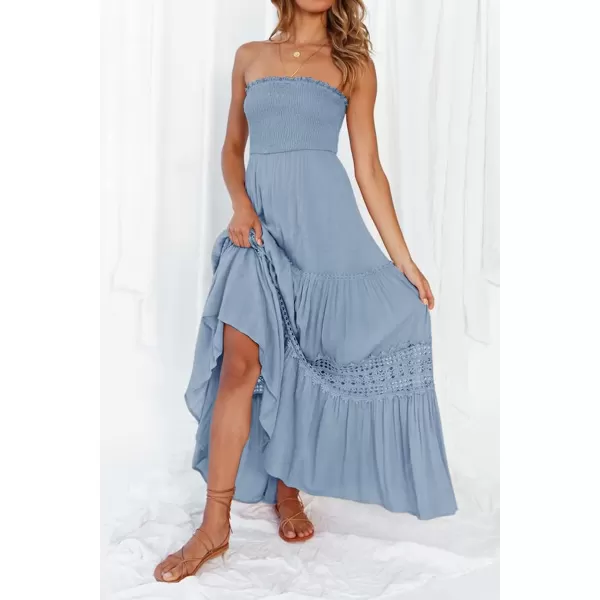 ZESICA Womens 2024 Summer Bohemian Strapless Off Shoulder Lace Trim Backless Flowy A Line Beach Long Maxi DressSkyblue