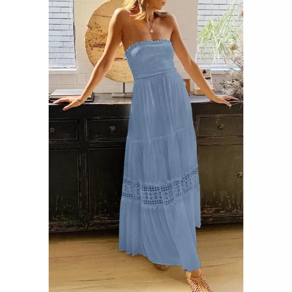ZESICA Womens 2024 Summer Bohemian Strapless Off Shoulder Lace Trim Backless Flowy A Line Beach Long Maxi DressSkyblue