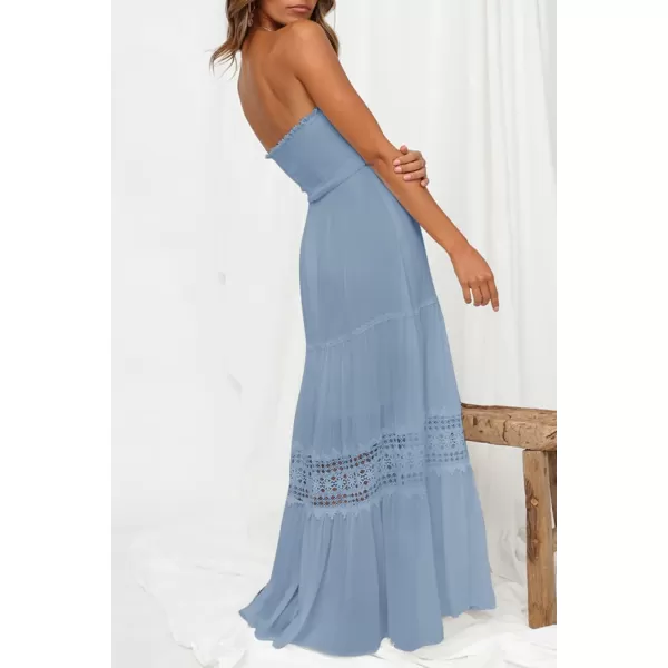 ZESICA Womens 2024 Summer Bohemian Strapless Off Shoulder Lace Trim Backless Flowy A Line Beach Long Maxi DressSkyblue