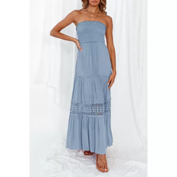 ZESICA Womens 2024 Summer Bohemian Strapless Off Shoulder Lace Trim Backless Flowy A Line Beach Long Maxi DressSkyblue