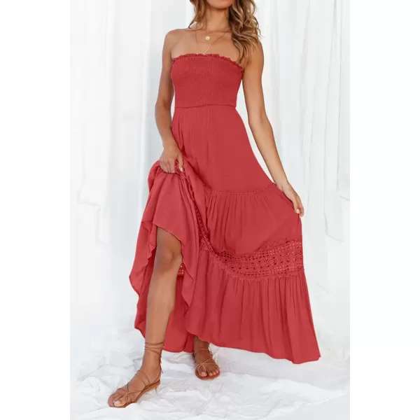 ZESICA Womens 2024 Summer Bohemian Strapless Off Shoulder Lace Trim Backless Flowy A Line Beach Long Maxi DressWatermelon