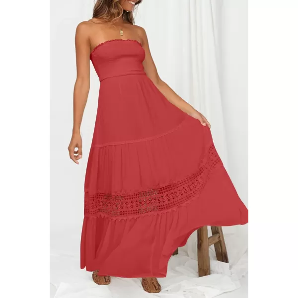 ZESICA Womens 2024 Summer Bohemian Strapless Off Shoulder Lace Trim Backless Flowy A Line Beach Long Maxi DressWatermelon