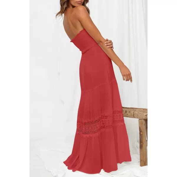ZESICA Womens 2024 Summer Bohemian Strapless Off Shoulder Lace Trim Backless Flowy A Line Beach Long Maxi DressWatermelon