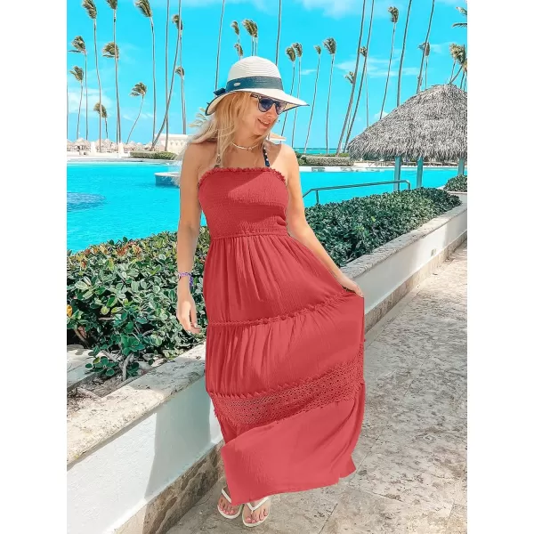 ZESICA Womens 2024 Summer Bohemian Strapless Off Shoulder Lace Trim Backless Flowy A Line Beach Long Maxi DressWatermelon