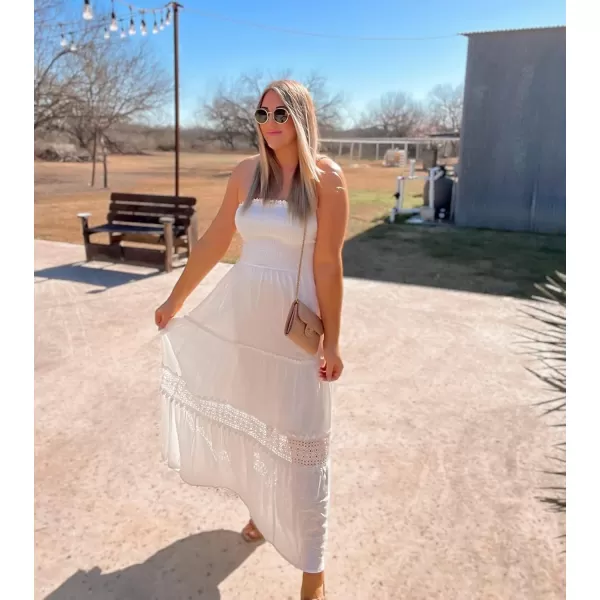 ZESICA Womens 2024 Summer Bohemian Strapless Off Shoulder Lace Trim Backless Flowy A Line Beach Long Maxi DressWhite