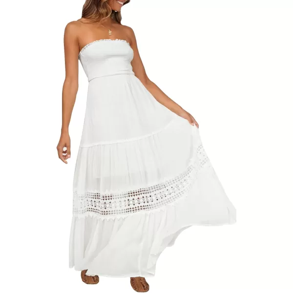 ZESICA Womens 2024 Summer Bohemian Strapless Off Shoulder Lace Trim Backless Flowy A Line Beach Long Maxi DressWhite