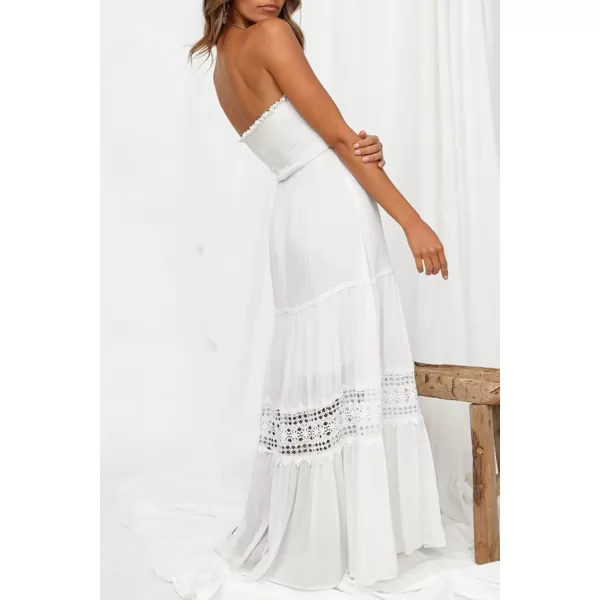 ZESICA Womens 2024 Summer Bohemian Strapless Off Shoulder Lace Trim Backless Flowy A Line Beach Long Maxi DressWhite