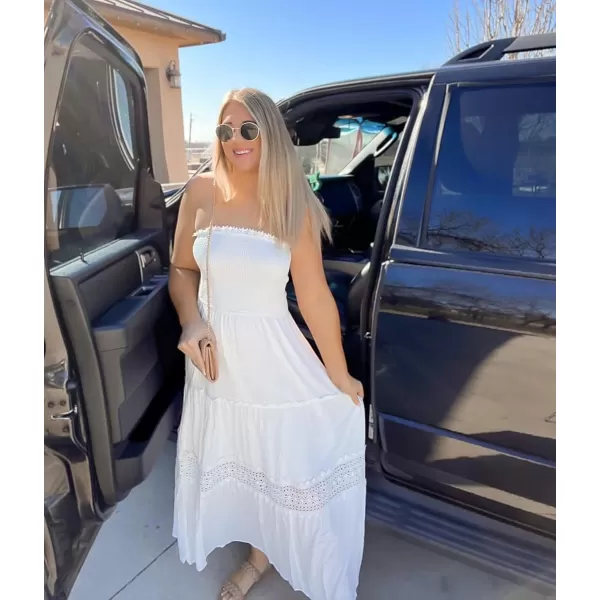 ZESICA Womens 2024 Summer Bohemian Strapless Off Shoulder Lace Trim Backless Flowy A Line Beach Long Maxi DressWhite